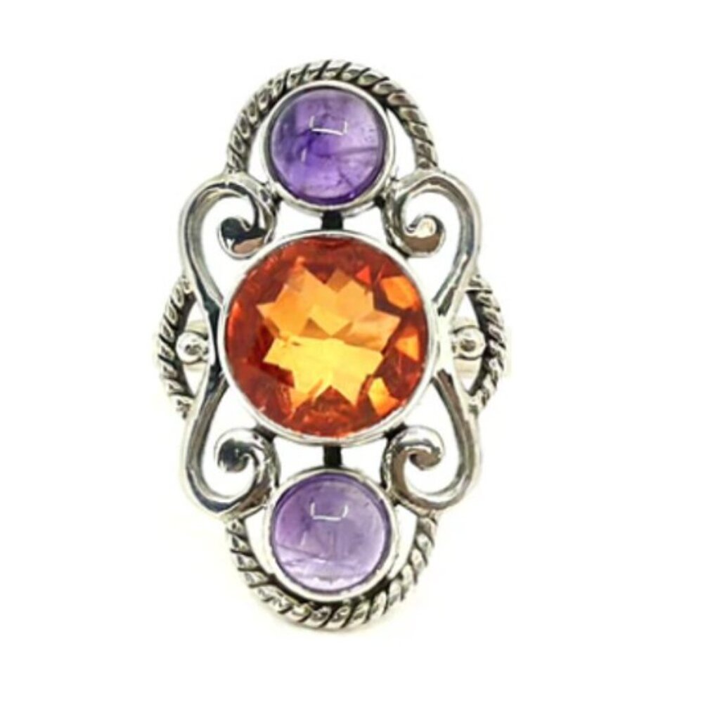 Nicky Butler One of a Kind SS Honey Quartz and Amethyst Multi Gem Scroll Ring